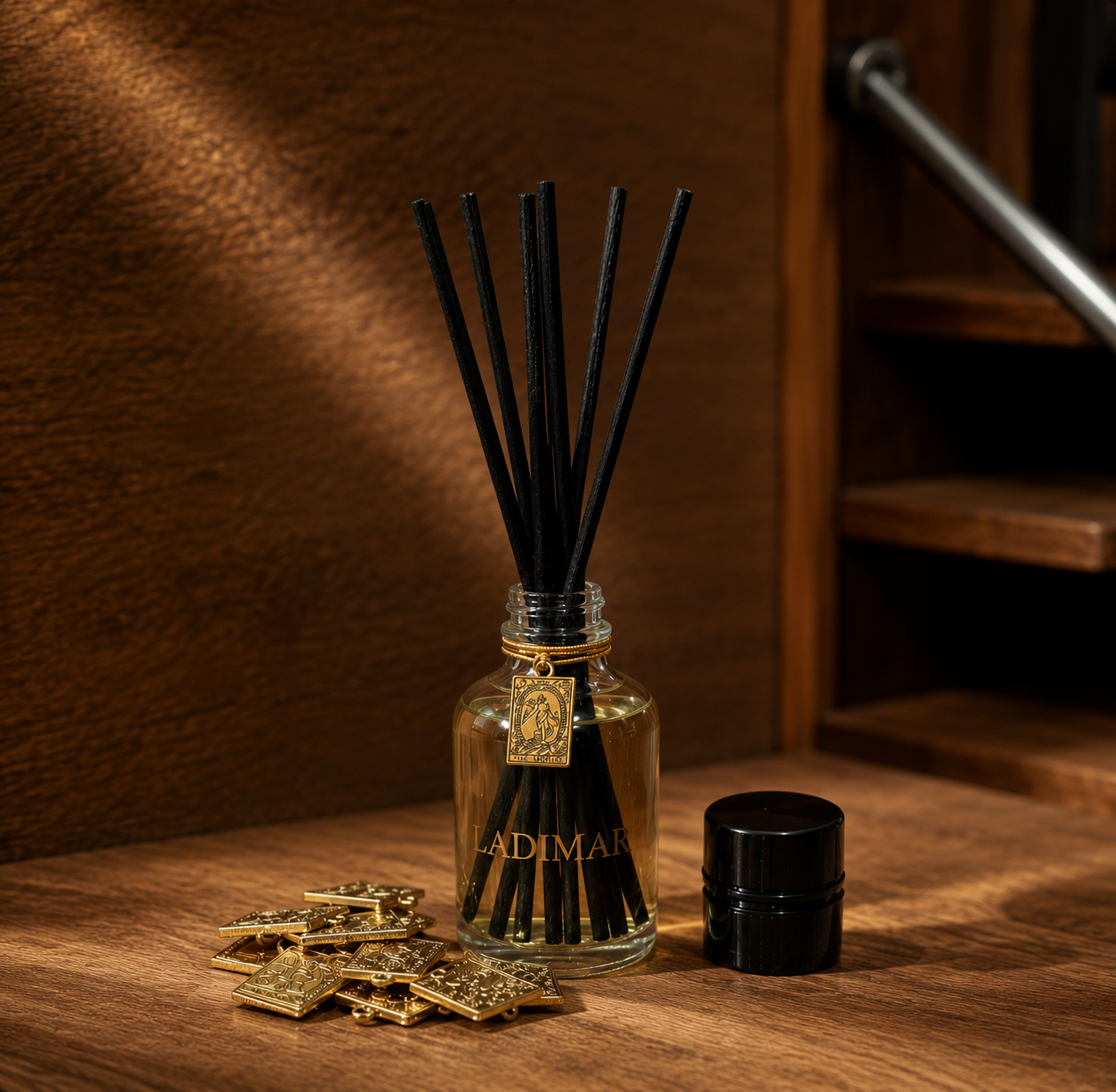 Luxury handcrafted incense by La Dimar Luxury burning in an elegant brass holder, releasing soft aromatic smoke surrounded by crystals, dried botanicals, and premium packaging for a calming, high-end ambiance.