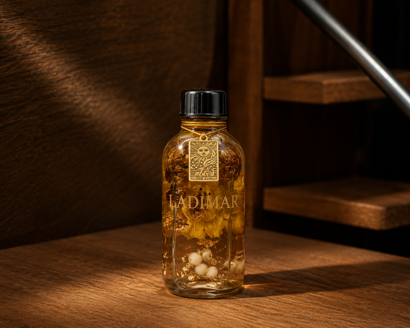 Premium LADIMAR mini spray diffusers in white, pink, gold, black, and clear with gold accents, displayed on a marble surface with essential oils, lemon slices, eucalyptus, and a lit candle – luxury portable aromatherapy bottles