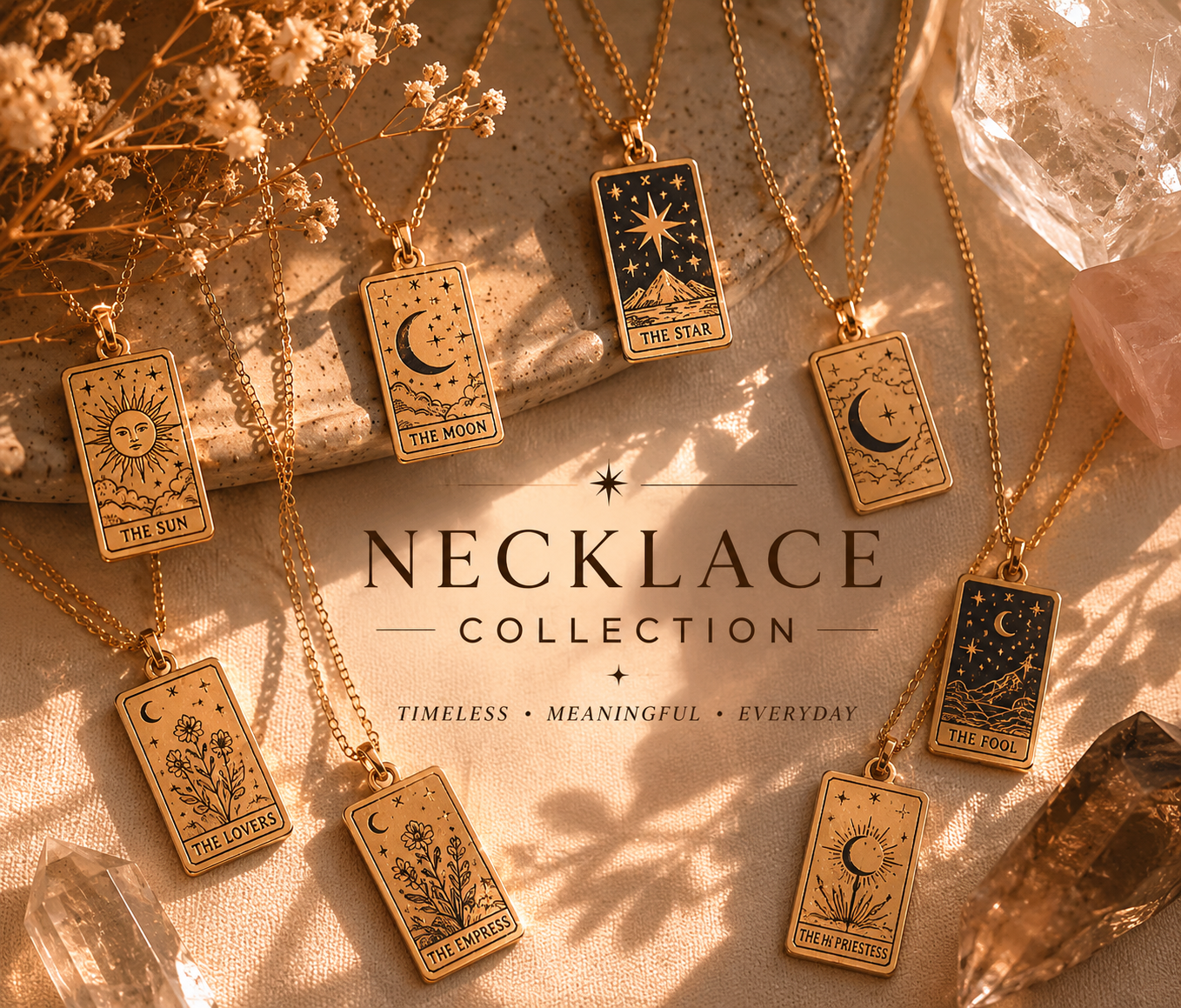Gold mini tarot card pendant necklace collection featuring celestial and mystical designs displayed on a neutral background with crystal accents.